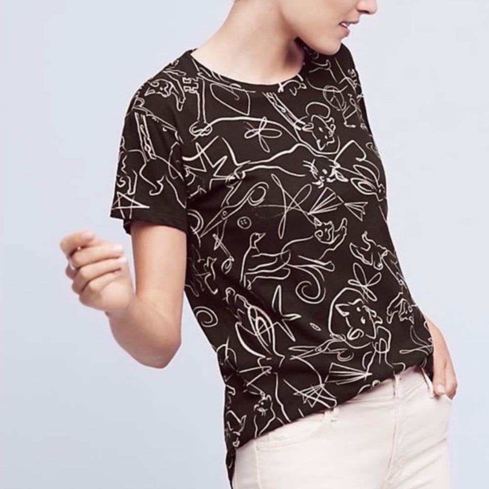 Anthro Postmark Black Cat Fox Bird Tee S